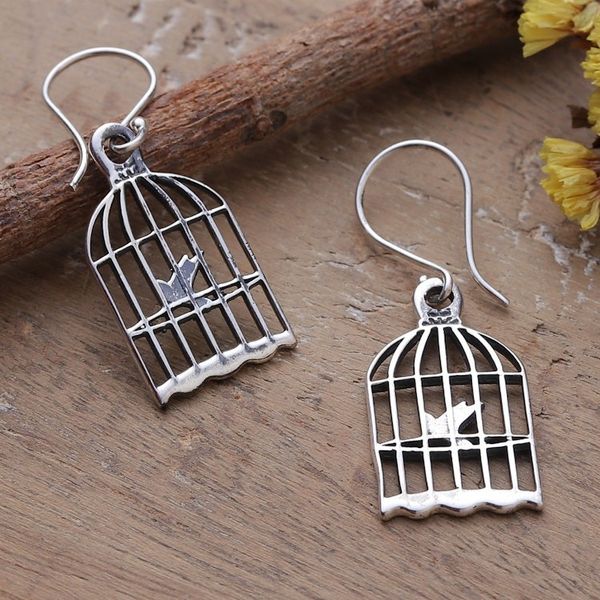 Alternate image for Inspirational Caged Bird Sterling Silver Dangle Earrings Delicate Liberty
