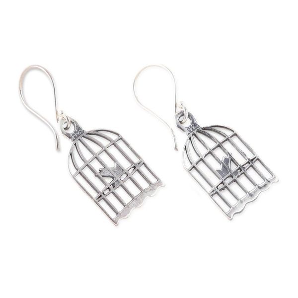 Alternate image for Inspirational Caged Bird Sterling Silver Dangle Earrings Delicate Liberty