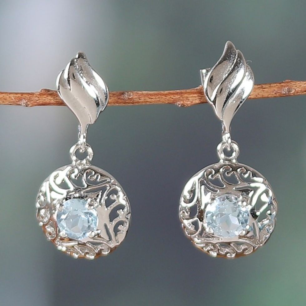 Rhodium-Plated Dangle Earrings with 1-Carat Blue Topaz Gems 'Celestial Swirl'