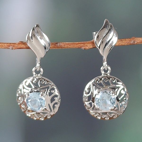 Alternate image for Rhodium-Plated Dangle Earrings with 1-Carat Blue Topaz Gems Celestial Swirl
