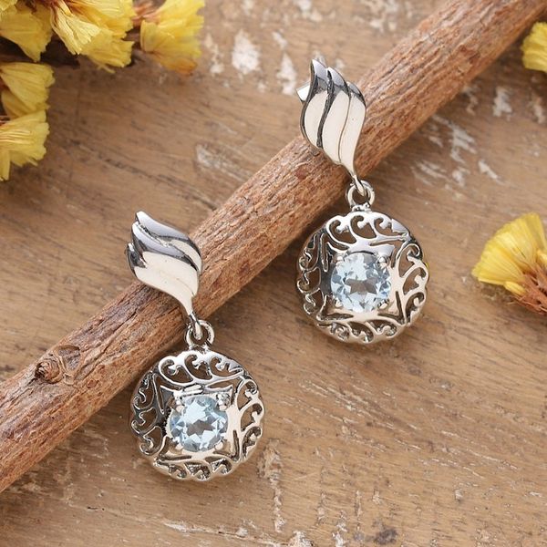 Alternate image for Rhodium-Plated Dangle Earrings with 1-Carat Blue Topaz Gems Celestial Swirl