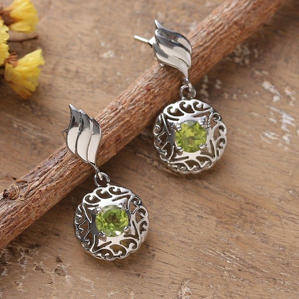 Alternate image for Rhodium-Plated Dangle Earrings with One-Carat Peridot Gems Green Swirl
