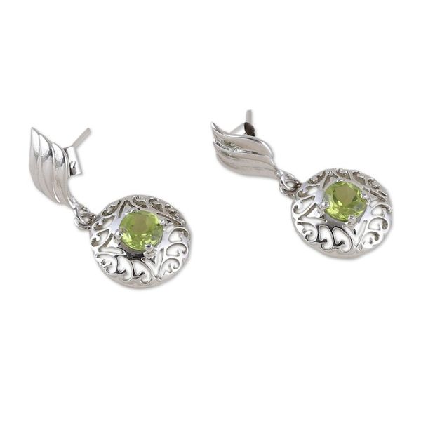 Alternate image for Rhodium-Plated Dangle Earrings with One-Carat Peridot Gems Green Swirl