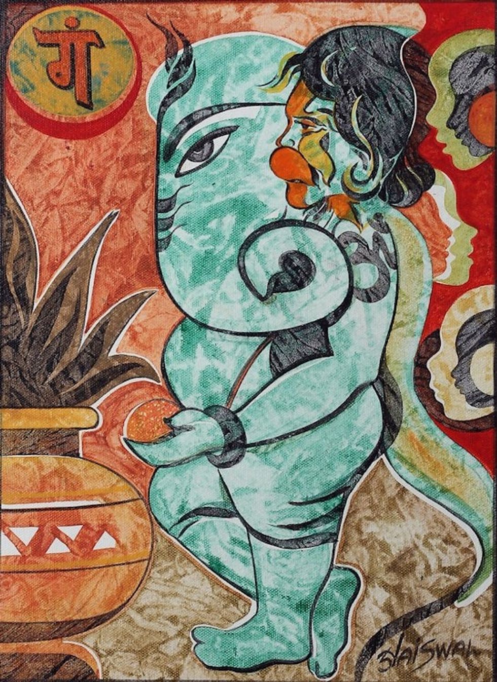 Signed Impressionist Traditional Acrylic Ganesha Painting 'First Worship'