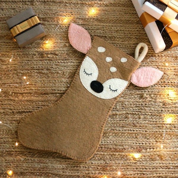 Alternate image for Hand-Stitched Applique Wool Felt Reindeer Christmas Stocking Sleeping Deer