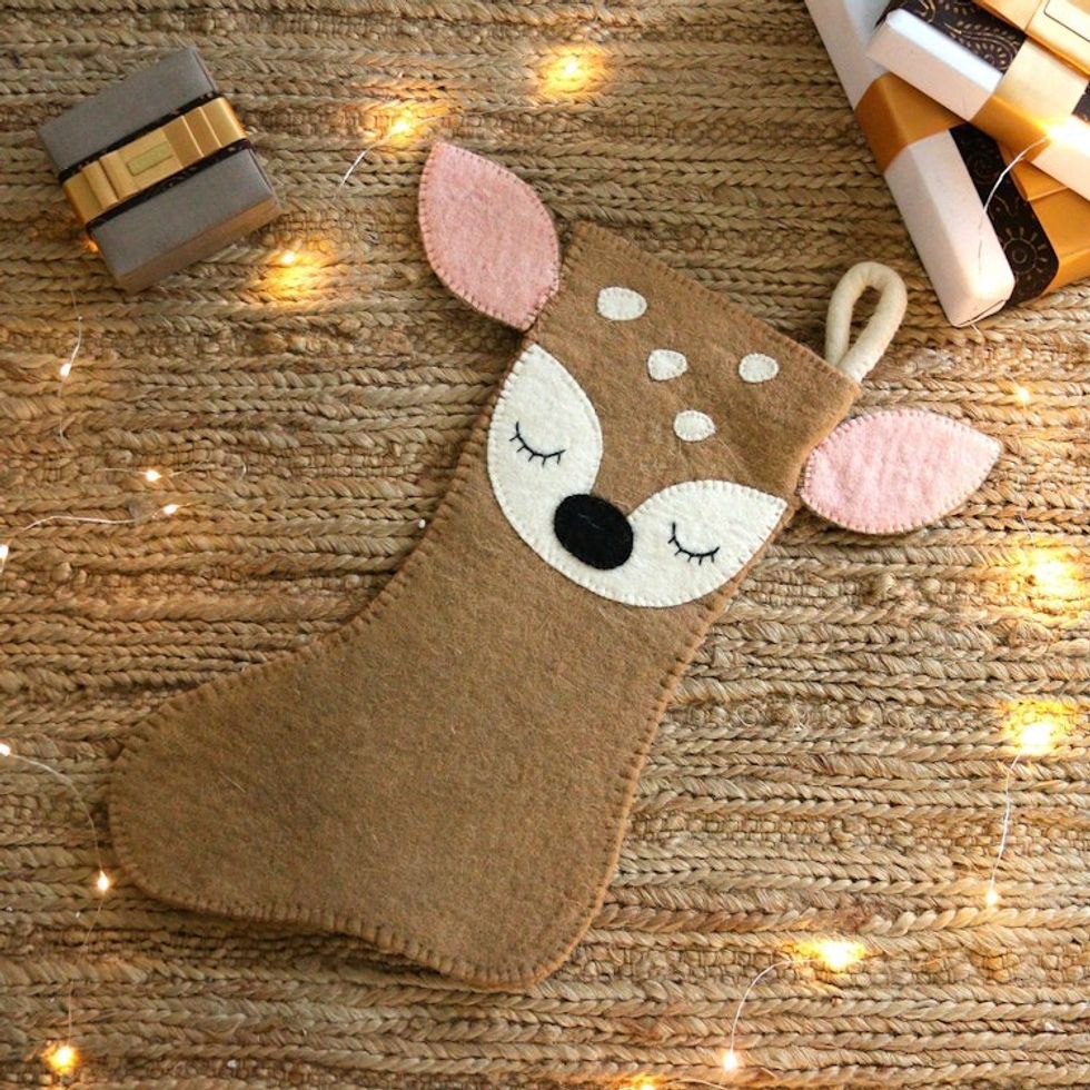 Hand-Stitched Applique Wool Felt Reindeer Christmas Stocking 'Sleeping Deer'