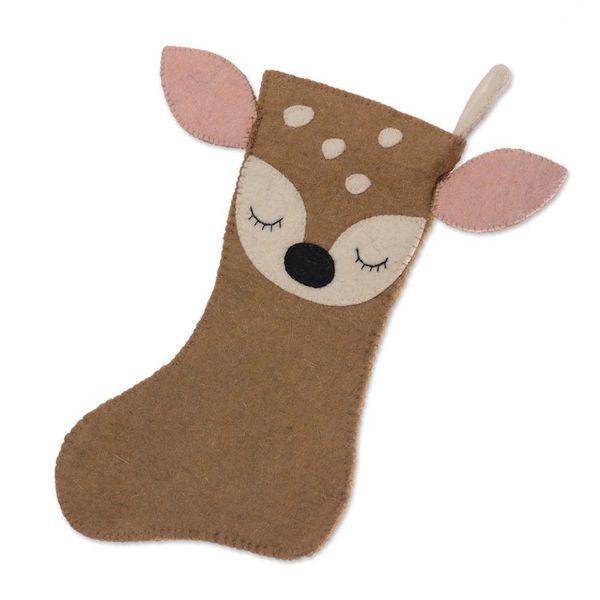 Alternate image for Hand-Stitched Applique Wool Felt Reindeer Christmas Stocking Sleeping Deer