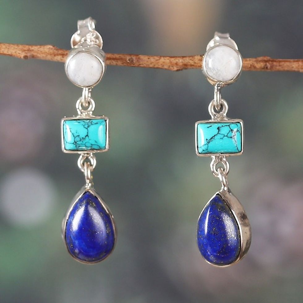 Sterling Silver Multi-Gemstone Dangle Earrings from India 'Blue Ode'