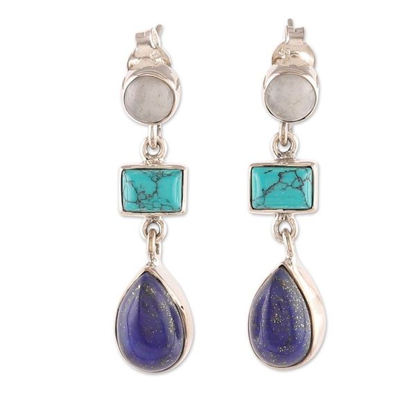Alternate image for Sterling Silver Multi-Gemstone Dangle Earrings from India Blue Ode