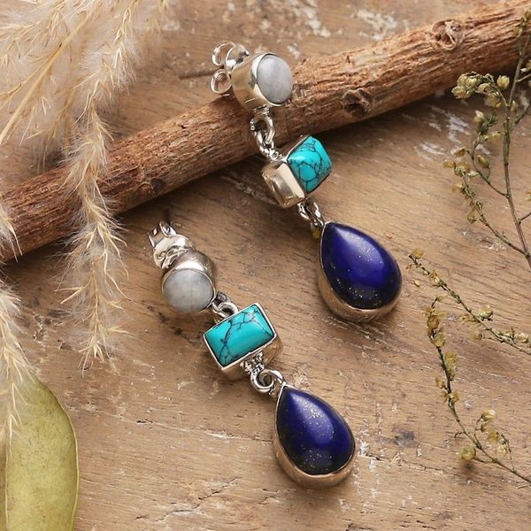 Alternate image for Sterling Silver Multi-Gemstone Dangle Earrings from India Blue Ode