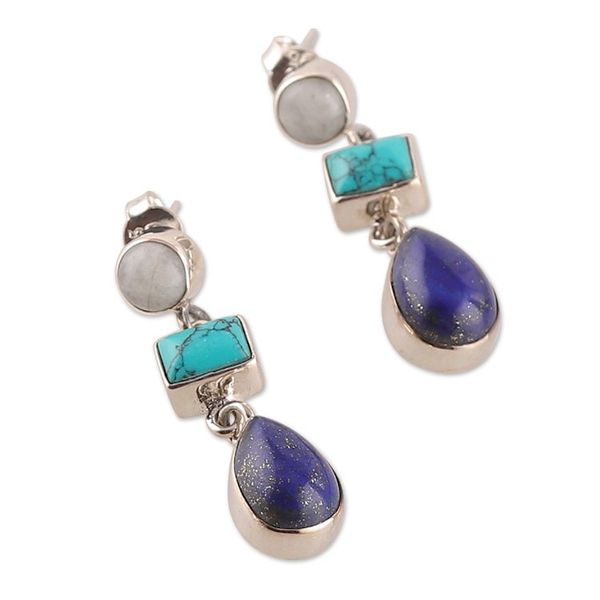 Alternate image for Sterling Silver Multi-Gemstone Dangle Earrings from India Blue Ode