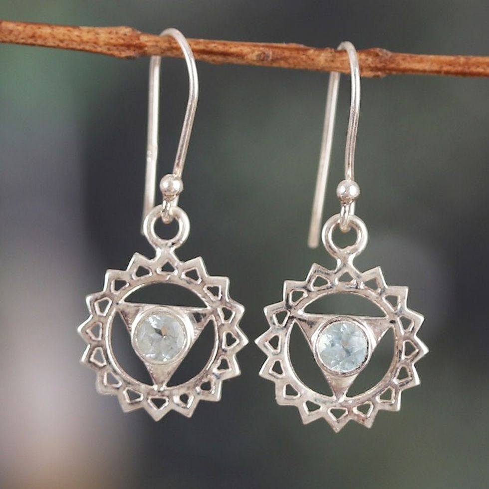 Throat Chakra-Shaped Faceted Blue Topaz Dangle Earrings 'Communication Chakra'