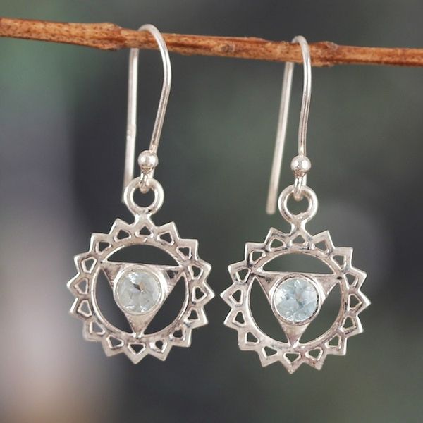 Alternate image for Throat Chakra-Shaped Faceted Blue Topaz Dangle Earrings Communication Chakra