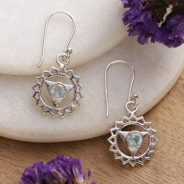 Alternate image for Throat Chakra-Shaped Faceted Blue Topaz Dangle Earrings Communication Chakra