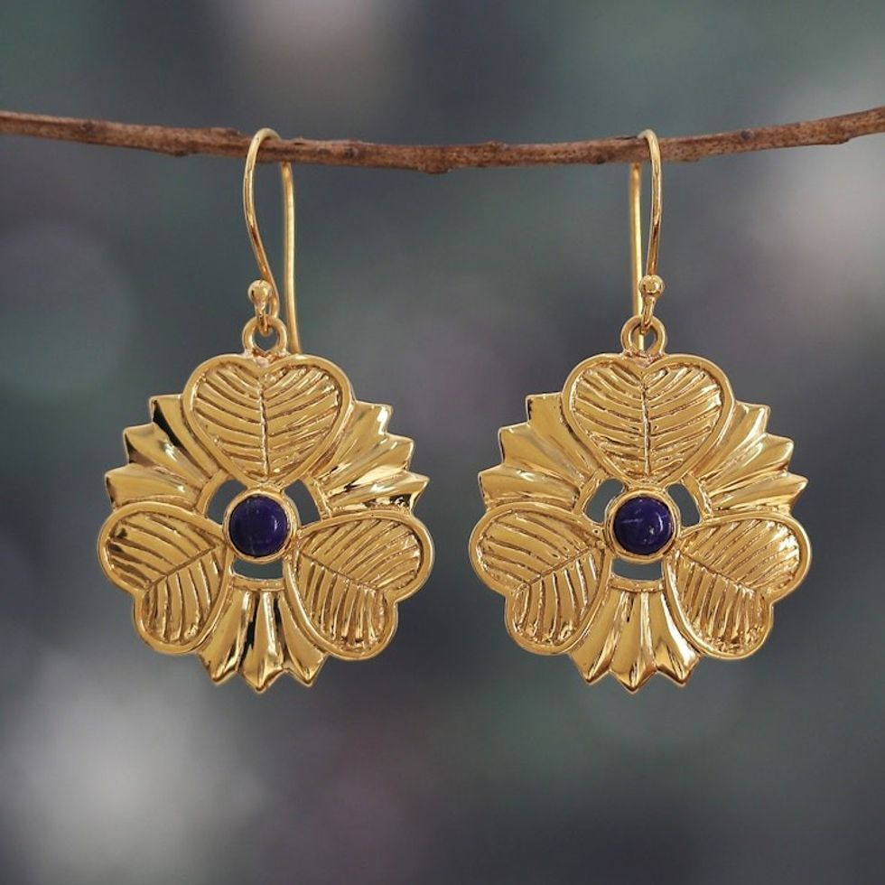 Heart and Flower-Themed Lapis Lazuli Dangle Earrings 'Crowns of Intellect'