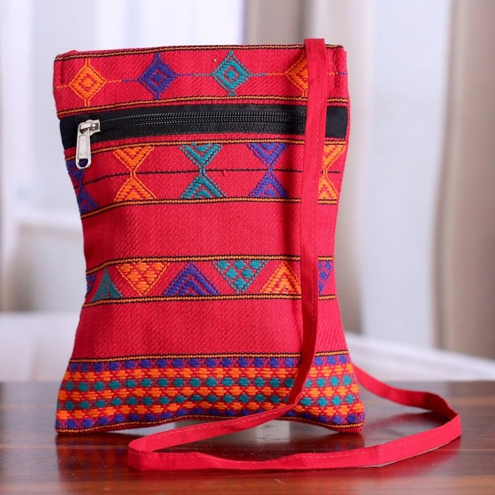Handwoven Poppy-Toned Colorful Passport Bag with Zipper 'Audacious Traveler'