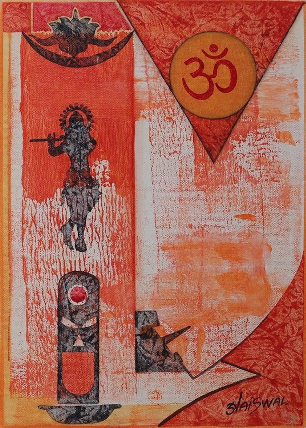 Signed Expressionist Warm-Toned Acrylic Trimurti Painting 'Bramha, Vishnu, Mahesh'