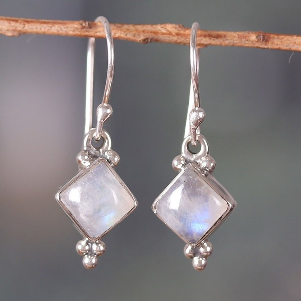 Polished Natural Rainbow Moonstone Dangle Earrings 'Misty Jewels'