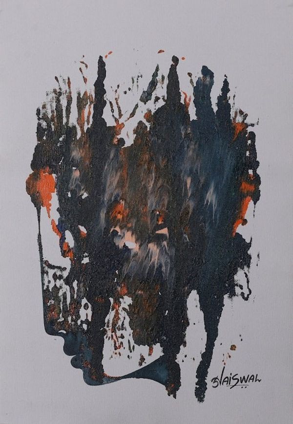 Alternate image for Signed Abstract Dark-Toned Acrylic Painting from India Meeting Emotions