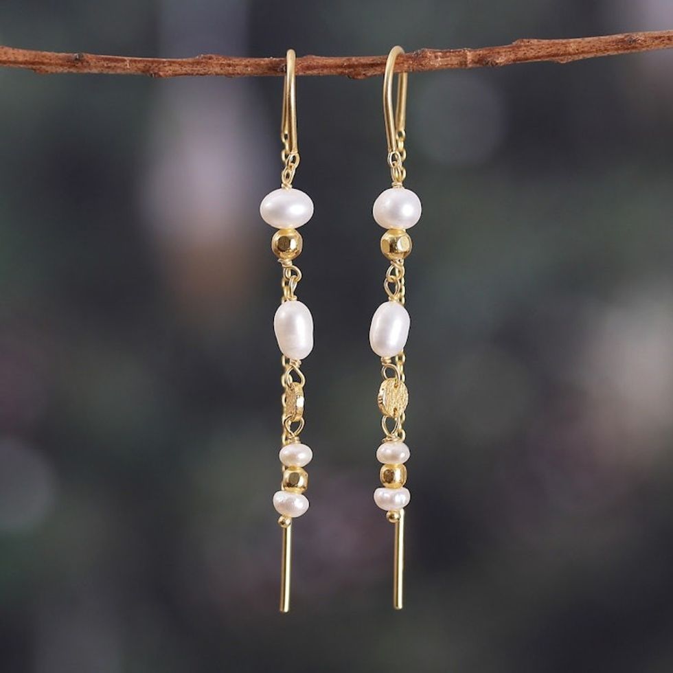 18k Gold-Plated Cream Cultured Pearl Threader Earrings 'Pearly Dance'