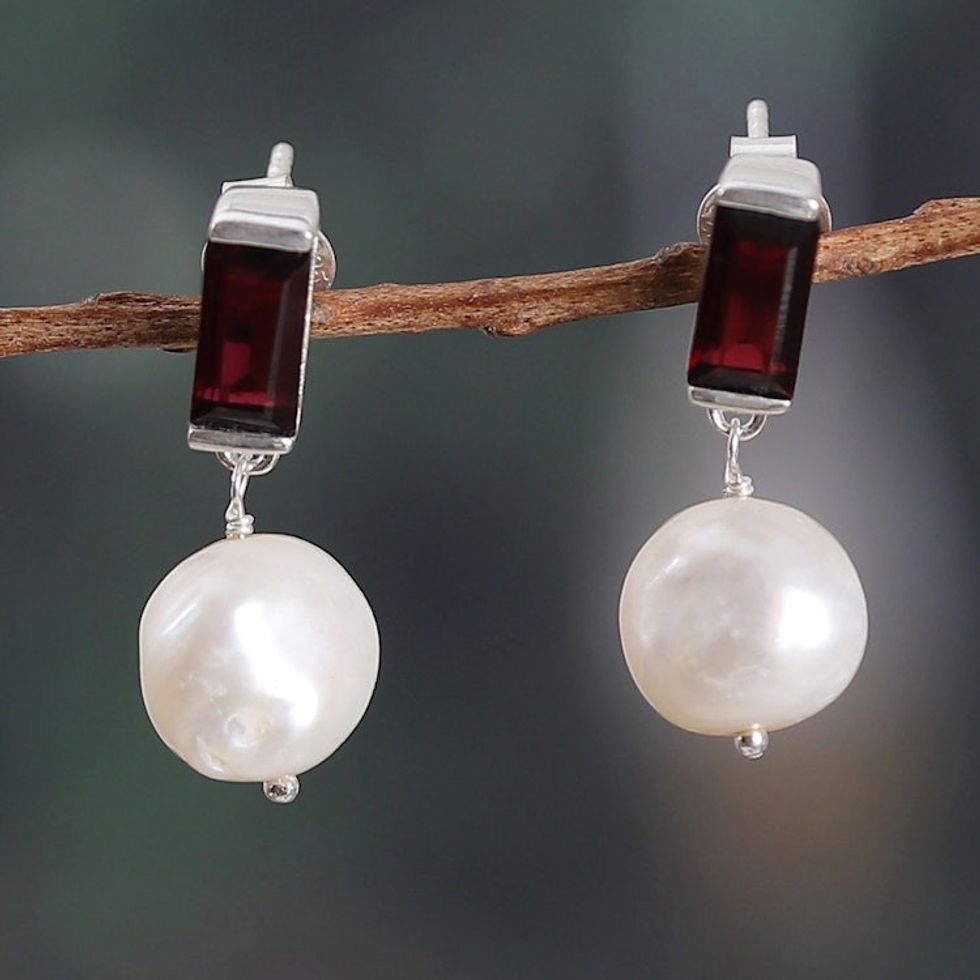 Natural Garnet and Cream Cultured Pearl Dangle Earrings 'Passionate Clouds'