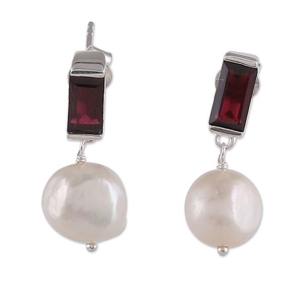 Alternate image for Natural Garnet and Cream Cultured Pearl Dangle Earrings Passionate Clouds