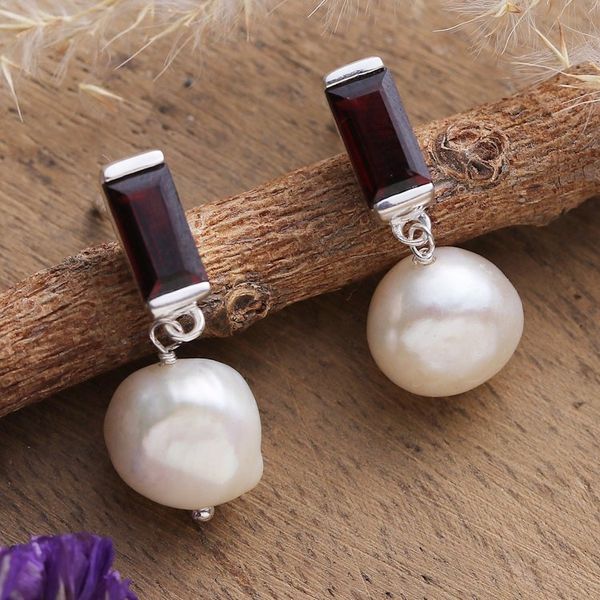 Alternate image for Natural Garnet and Cream Cultured Pearl Dangle Earrings Passionate Clouds