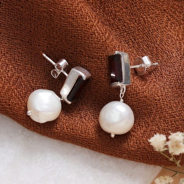 Alternate image for Natural Garnet and Cream Cultured Pearl Dangle Earrings Passionate Clouds