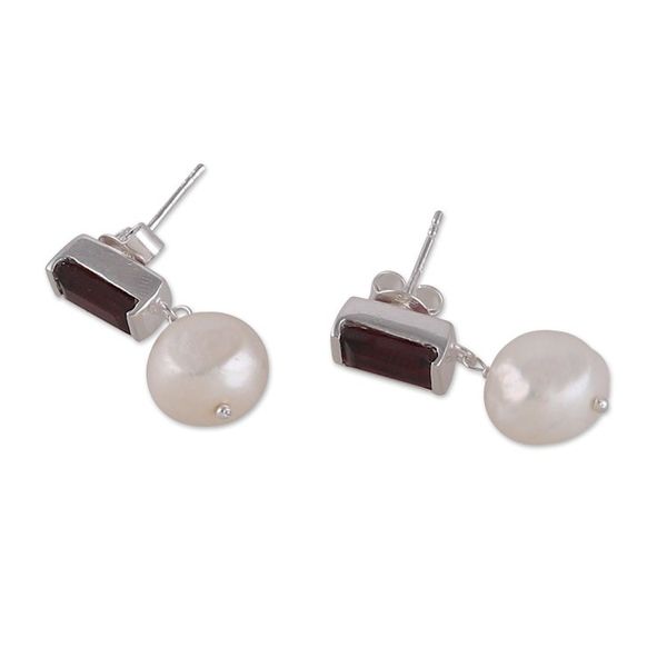 Alternate image for Natural Garnet and Cream Cultured Pearl Dangle Earrings Passionate Clouds
