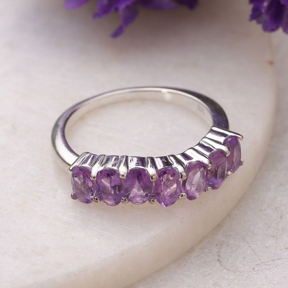 Sterling Silver Ring with 7 Amethyst Gemstones from India 'Lilac Vibe'