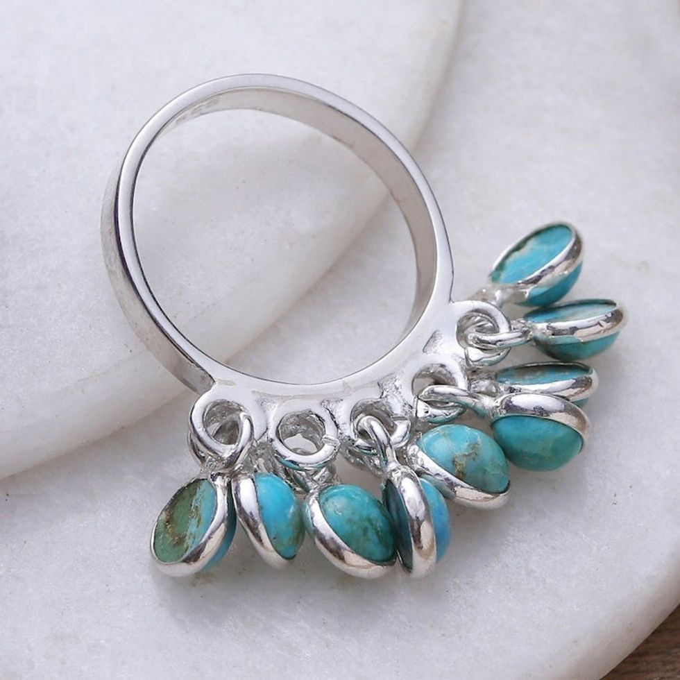 Sterling Silver Cluster Ring with Ten Recon Turquoise Gems 'Lagoon Style'