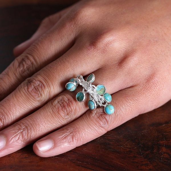 Alternate image for Sterling Silver Cluster Ring with Ten Recon Turquoise Gems Lagoon Style