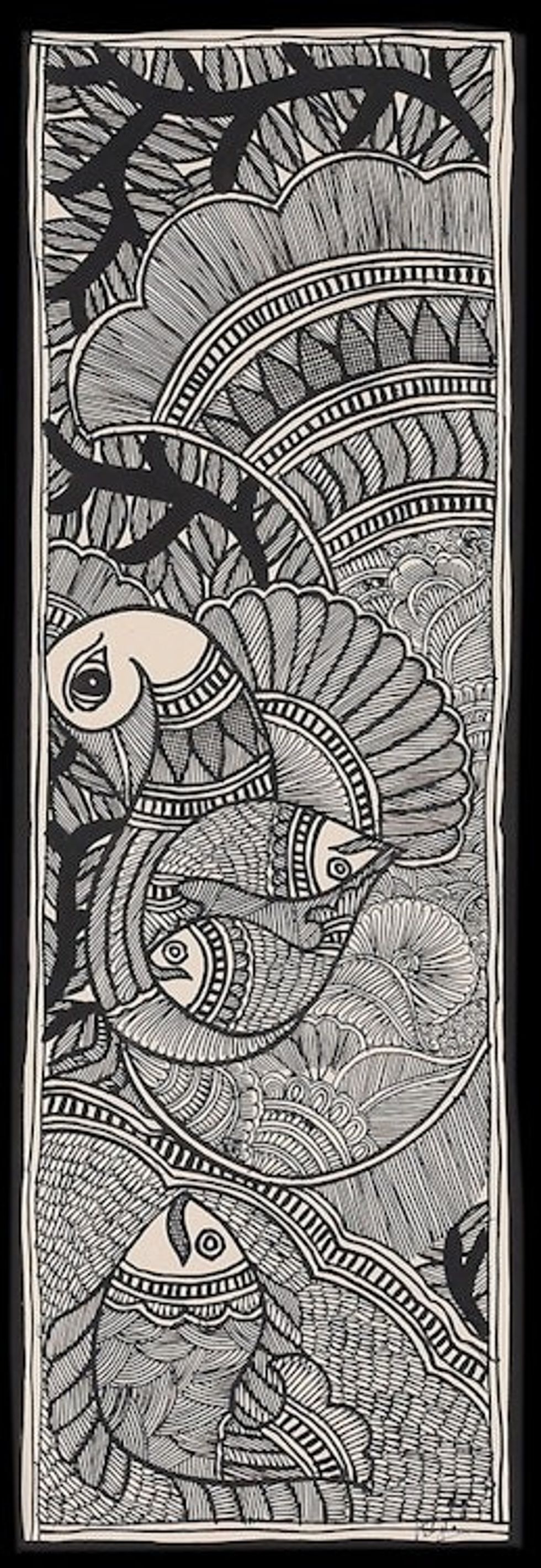 Natural Dyes on Paper Peacock and Fish Madhubani Painting 'Majestic Peacock with Fish'