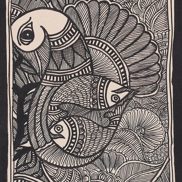 Alternate image for Natural Dyes on Paper Peacock and Fish Madhubani Painting Majestic Peacock with Fish