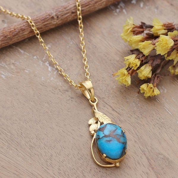 Alternate image for 22k Gold-Plated Composite Turquoise Pendant Necklace Palatial Elegance