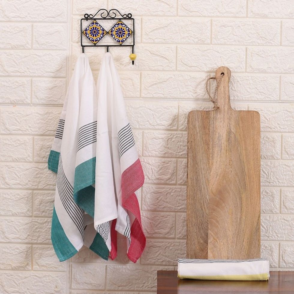 Set of 3 Teal, Red and Yellow Striped Cotton Dish Towels 'Stripes of Elegance'