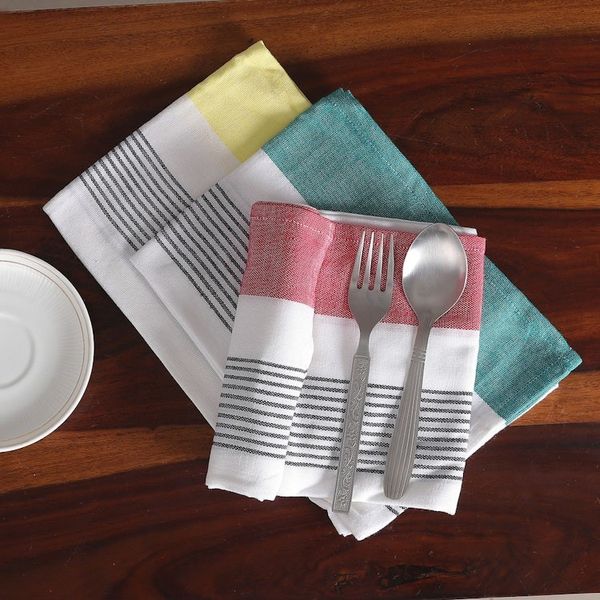 Alternate image for Set of 3 Teal, Red and Yellow Striped Cotton Dish Towels Stripes of Elegance
