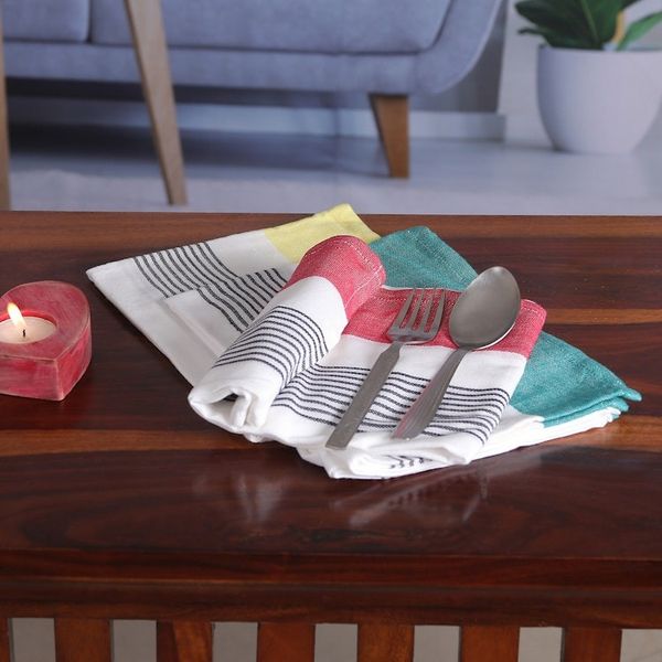 Alternate image for Set of 3 Teal, Red and Yellow Striped Cotton Dish Towels Stripes of Elegance