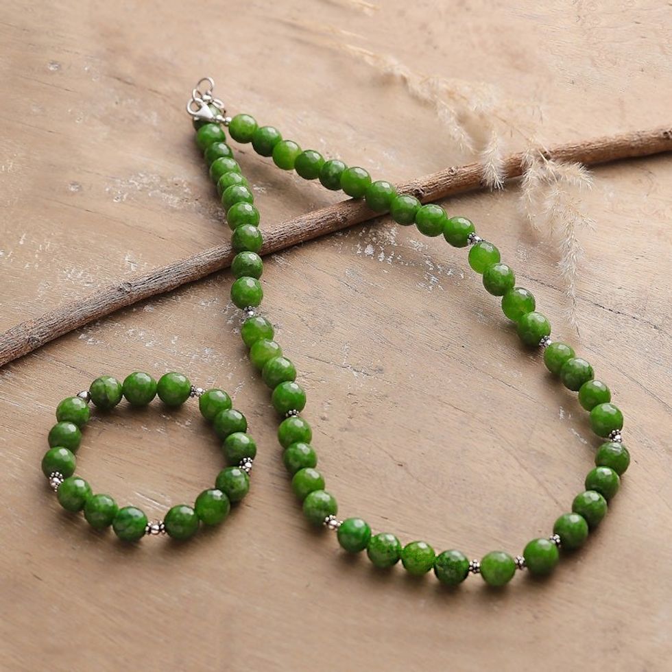 Green Agate Beaded Necklace and Bracelet Jewelry Set 'Beads of Luck'