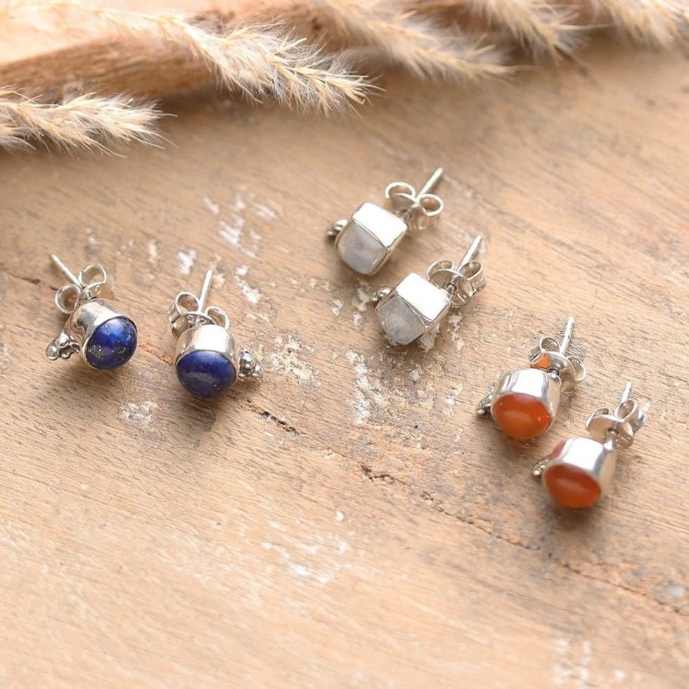 Set of 3 Sterling Silver Gemstone Stud Earrings from India 'Enchanted Appeal'