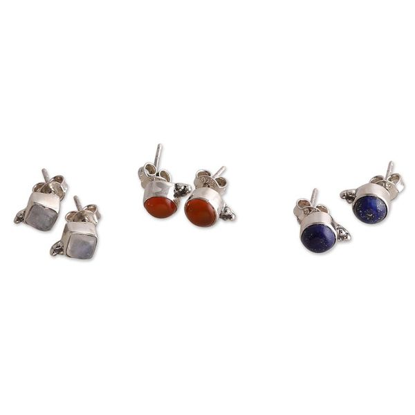 Alternate image for Set of 3 Sterling Silver Gemstone Stud Earrings from India Enchanted Appeal