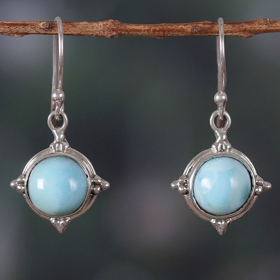 Polished Classic Natural Larimar Dangle Earrings from India 'Larimar Triumph'