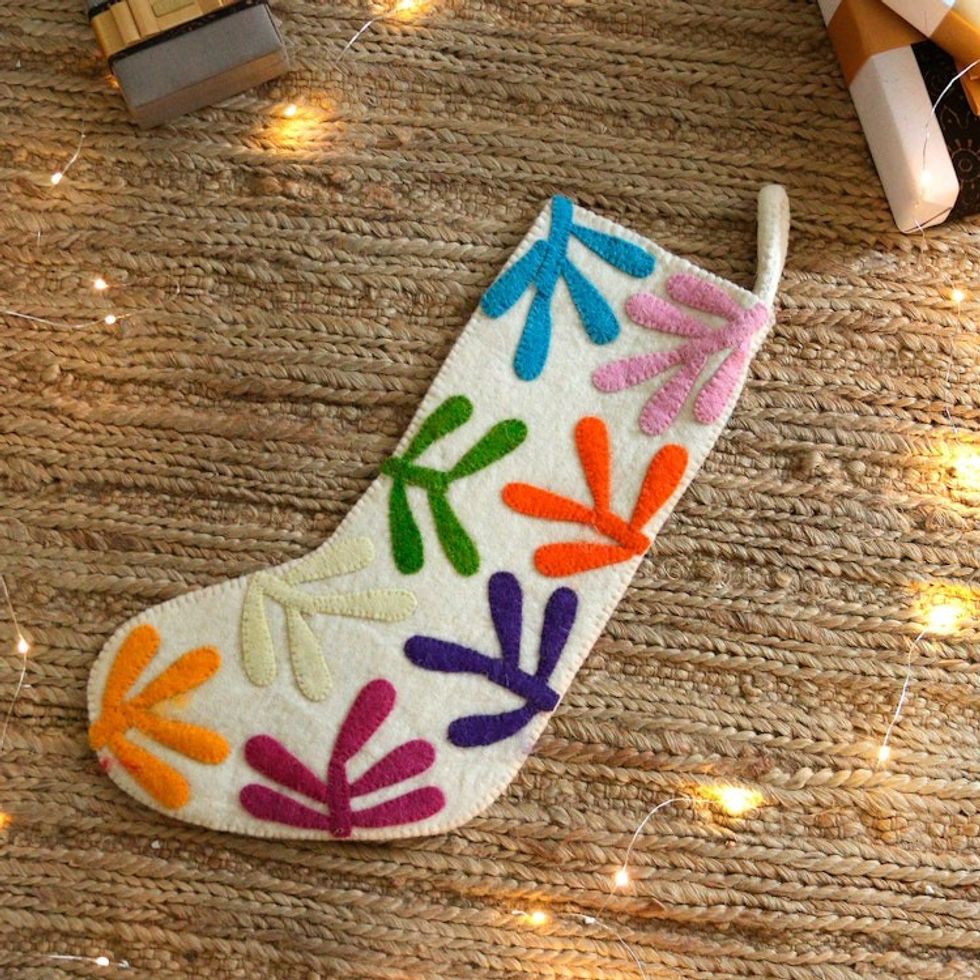 Handmade Applique Wool Felt Leaf-Themed Christmas Stocking 'Holiday Cheer'