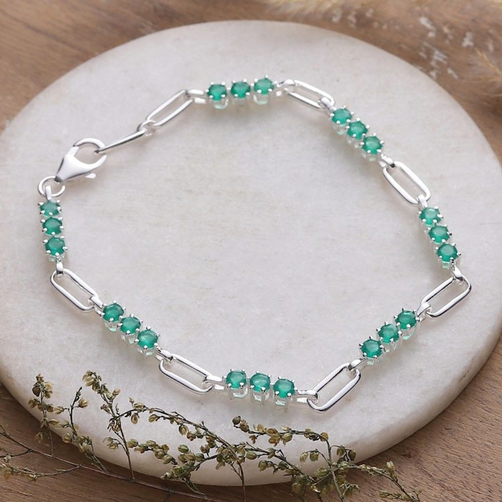 Green Onyx Sterling Silver Station Bracelet from India 'Verdant Glamour'