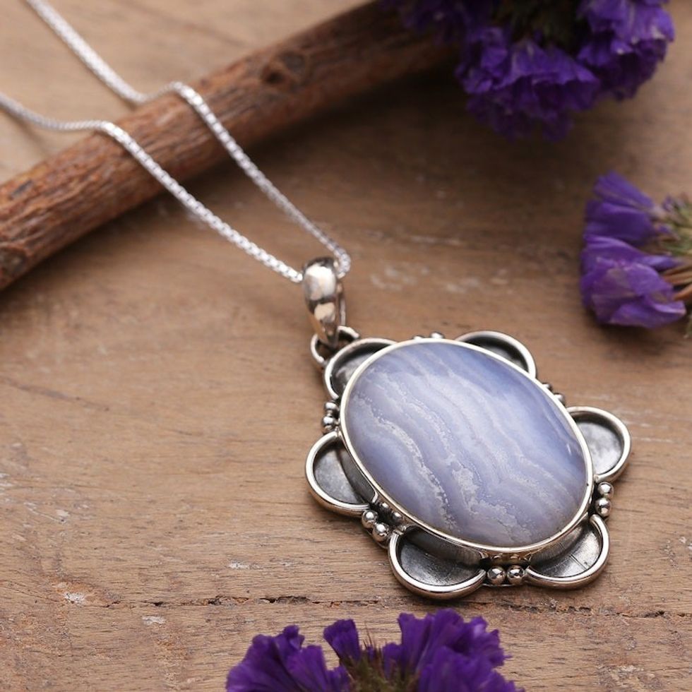 Polished Floral Sterling Silver and Agate Pendant Necklace 'Floral Lace'