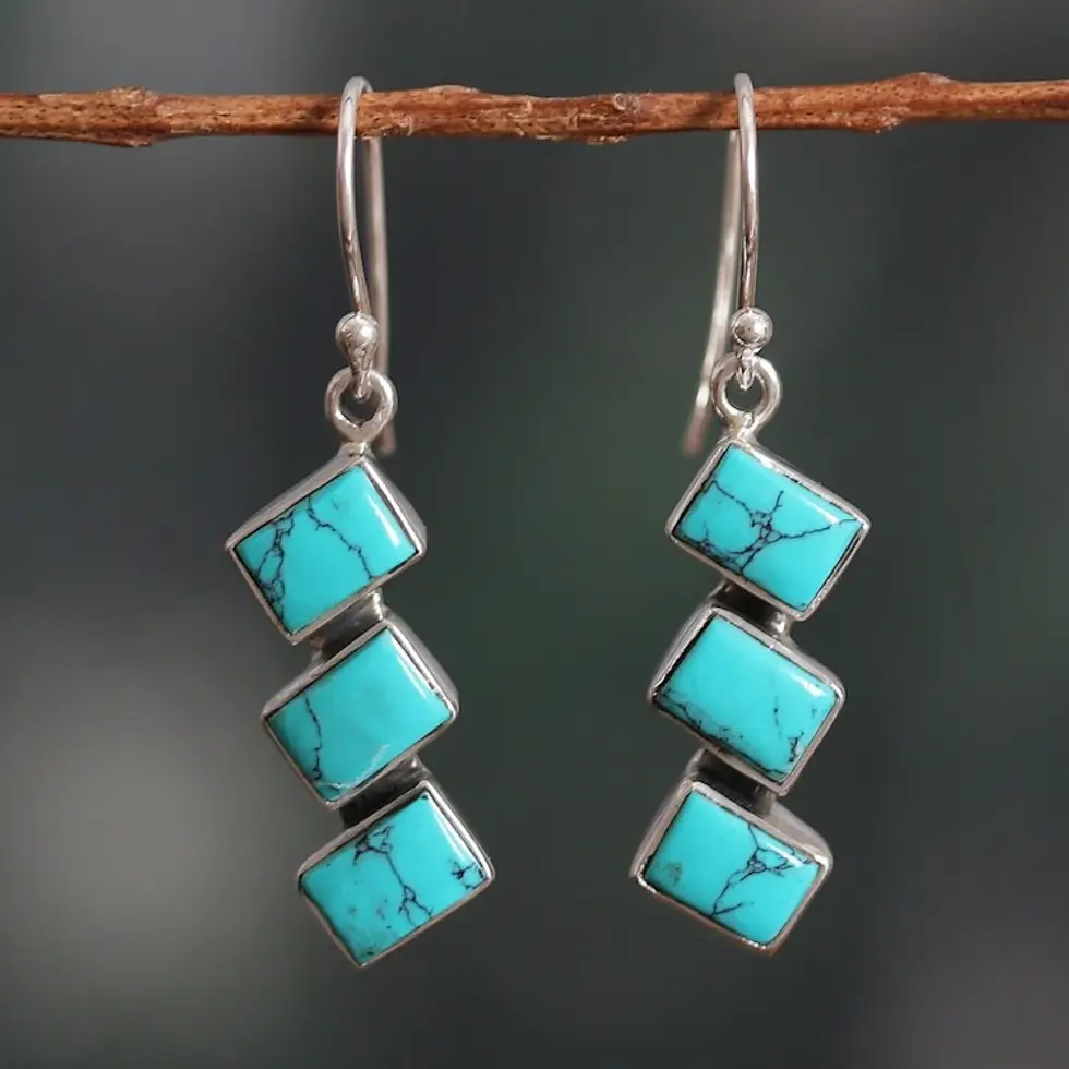 Polished Geometric Calcite Cabochon Dangle Earrings 'Healing Ladders'