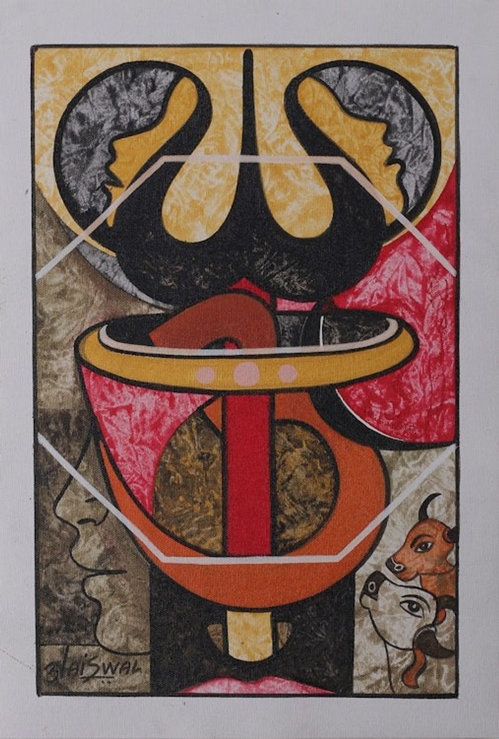 Signed Expressionist Classic Yellow and Red Acrylic Painting 'Triyambhkeshwara'
