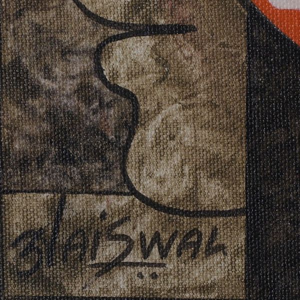Alternate image for Signed Expressionist Classic Yellow and Red Acrylic Painting Triyambhkeshwara