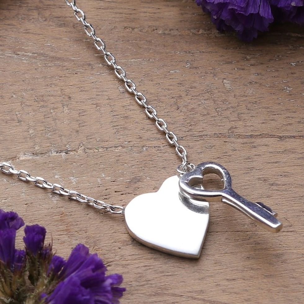 Heart and Key-Shaped Sterling Silver Pendant Necklace 'Key to Your Love'