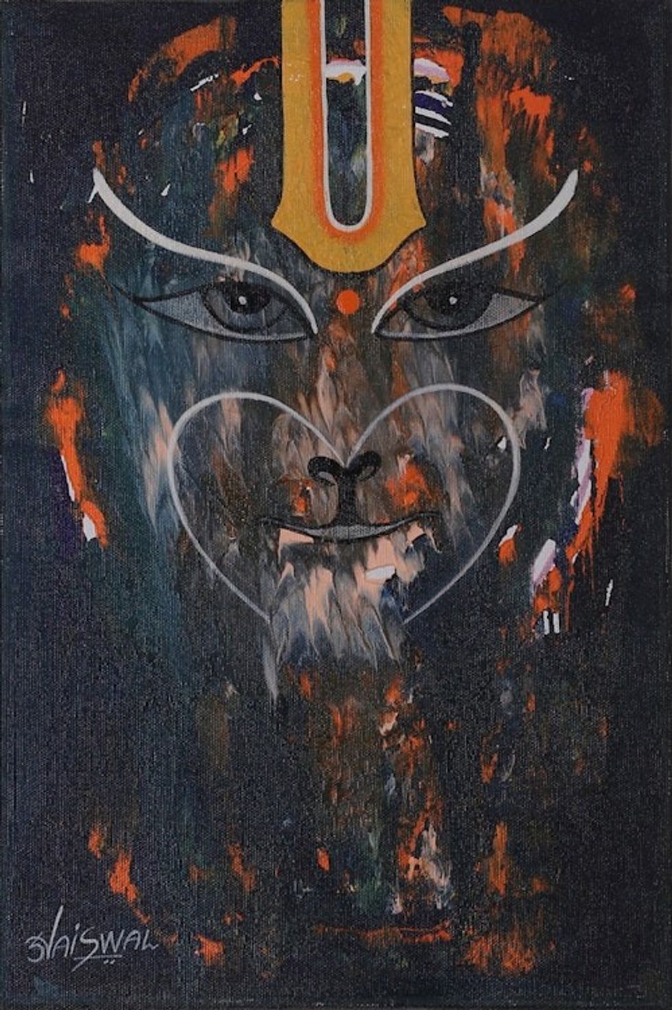 Signed Expressionist Dark-Toned Acrylic Painting from India 'Sankat Mochan'